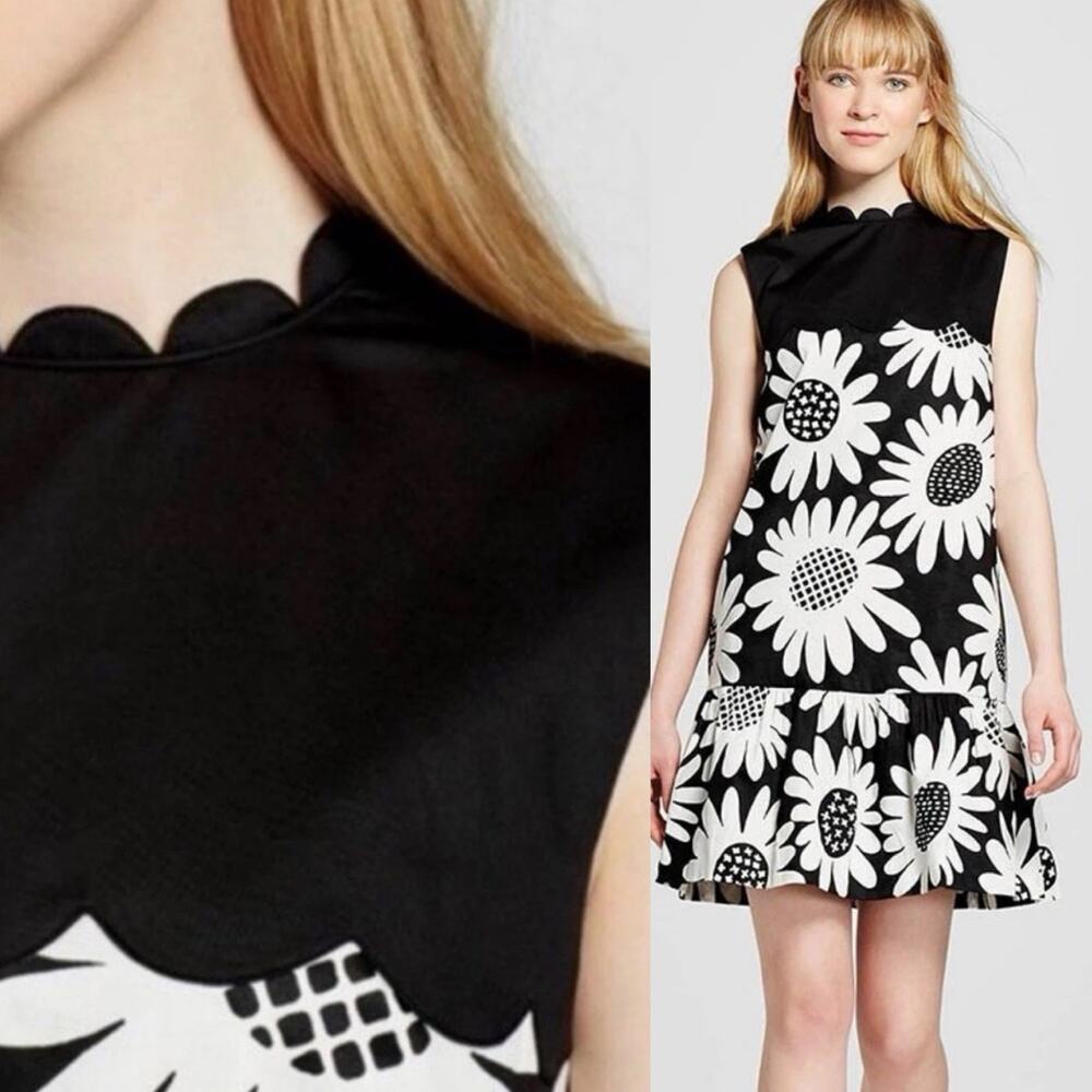 Victoria Beckham Black and White Floral Scallop Neck Mini Dress